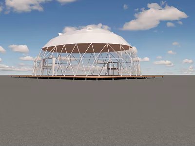 Dome shaped Glamping Lodge with White Metal Frame on Wooden Deck Under Blue Sky and Clouds 3d model