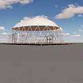 Dome shaped Glamping Lodge with White Metal Frame on Wooden Deck Under Blue Sky and Clouds