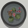 Round Garden Ornament With Pink Lotus Flowers And Lily Pads In Water