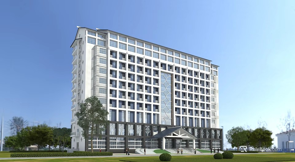 Modern Hospital Building Exterior Design With High Rise Structure Large Windows And Landscaped Area 3d model 