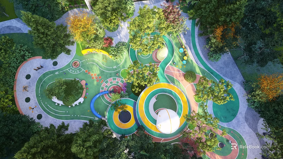 Colorful Outdoor Children's Playground With Circular Play Areas Slides And Green Trees 3d model 