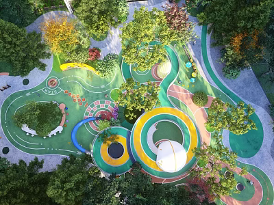 Colorful Outdoor Children's Playground With Circular Play Areas Slides And Green Trees 3d model