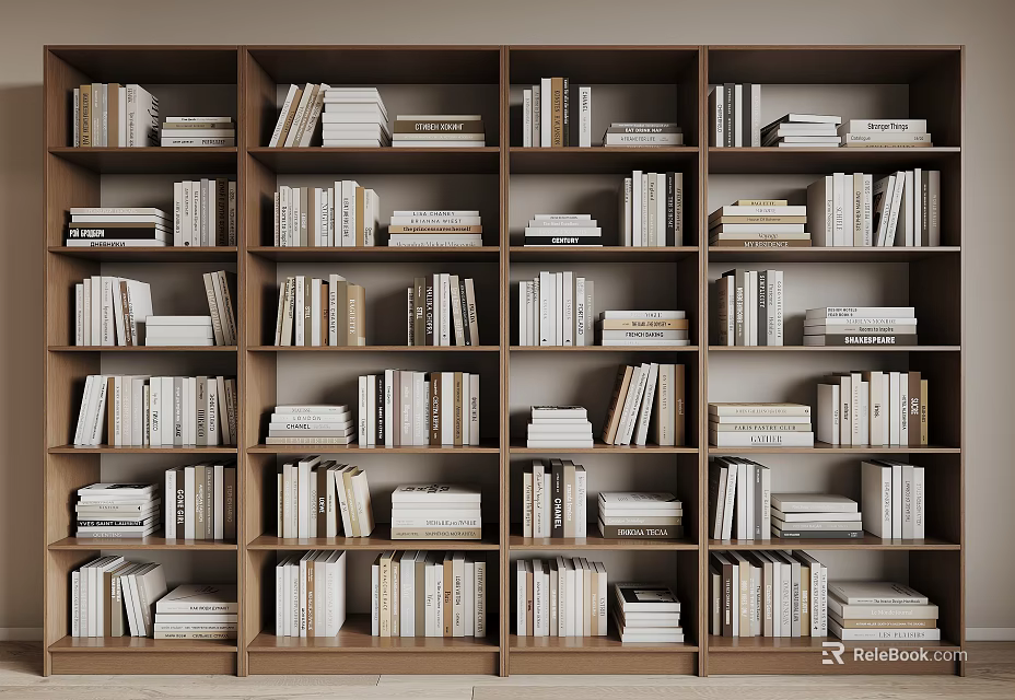 Wooden Bookcase With Multiple Shelves Filled With Books In Modern Interior 3d model 