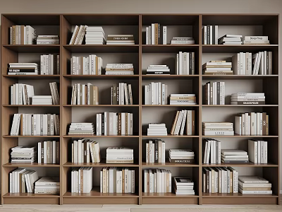 Wooden Bookcase With Multiple Shelves Filled With Books In Modern Interior 3d model