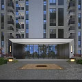 Modern Entrance Gate With Glass Panels Metal Frame And Building Exterior Landscaping