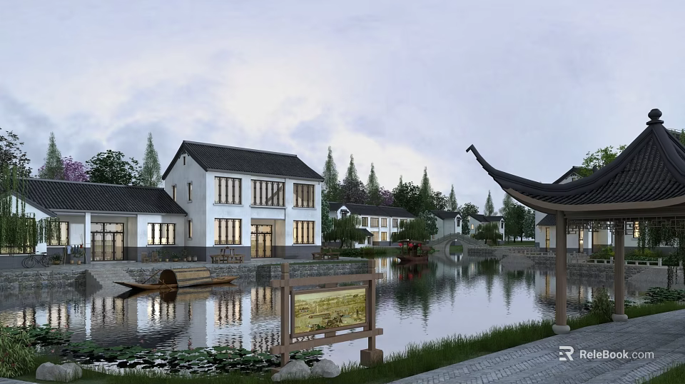 Scenic Traditional Chinese Village Architecture With Lakeside Pavilions Boats And Water Reflections 3d model 