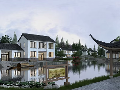 Scenic Traditional Chinese Village Architecture With Lakeside Pavilions Boats And Water Reflections 3d model