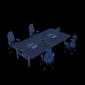 Two Modern Office Desks With Transparent Divider Screens And Ergonomic Blue Chairs
