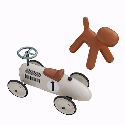 Electric Toys Showcasing White Toy Car With Steering Wheel Brown Seat And Brown Humanoid Doll 3d model
