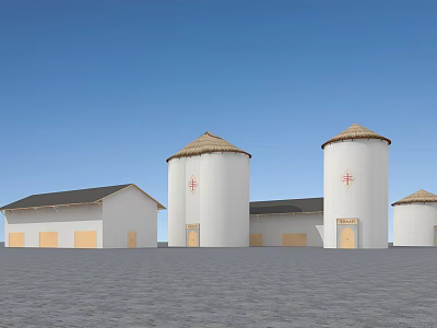 White Silos With Adjacent Buildings Grey Roofs Under Clear Blue Sky Rural Agricultural Storage Facility 3d model