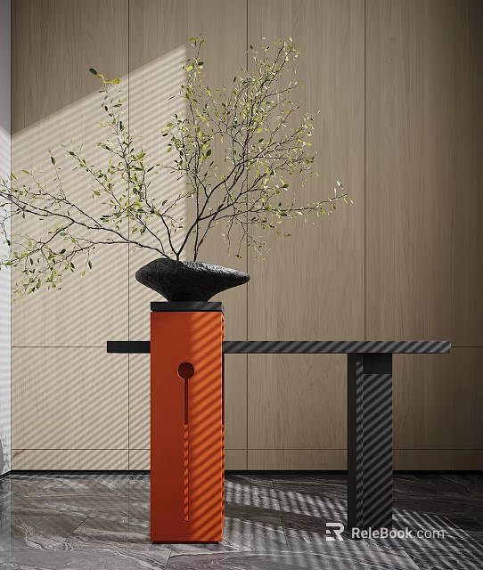 Stylish Console Table With Orange Column Base Black Pot And Green Branches On Wooden Wall 3d model 
