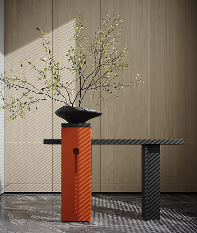 Stylish Console Table With Orange Column Base Black Pot And Green Branches On Wooden Wall 3d model