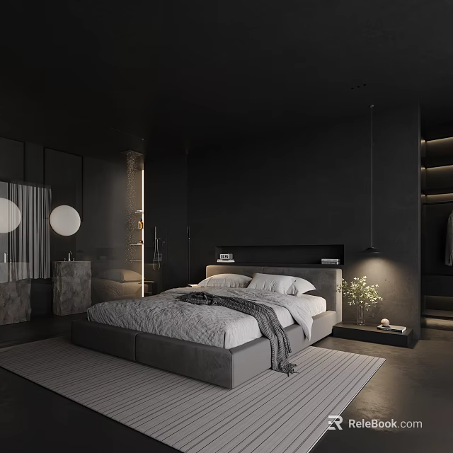 Dark Modern Bedroom Interior With Platform Bed Pillows Blanket Pendant Light And Soft Rug 3d model 