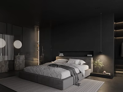 Dark Modern Bedroom Interior With Platform Bed Pillows Blanket Pendant Light And Soft Rug 3d model