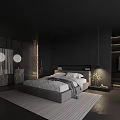 Dark Modern Bedroom Interior With Platform Bed Pillows Blanket Pendant Light And Soft Rug