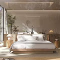 Tranquil Hotel Guest Room With Large Windows Autumn Forest View Wooden Furniture And Plants