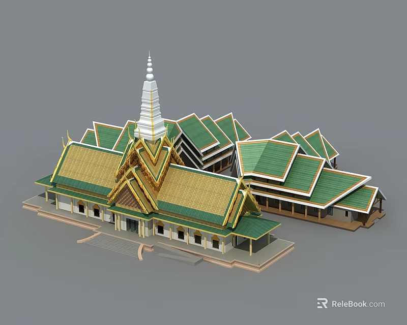 Traditional Thai Architectural Design With Golden Green Roofs White Spire And Intricate Details 3d model 