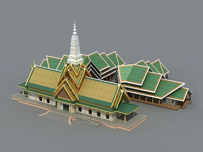 Traditional Thai Architectural Design With Golden Green Roofs White Spire And Intricate Details 3d model