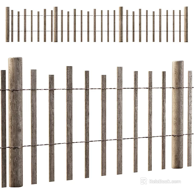 Wooden Fence Construction Components With Vertical Posts And Wire Mesh 3d model