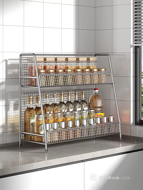 Two Tier Metal Spice Rack In Kitchen With Organized Spice Bottles And Jars 3d model 