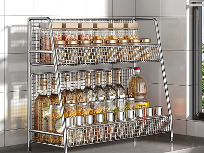Two Tier Metal Spice Rack In Kitchen With Organized Spice Bottles And Jars 3d model