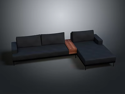 Black Upholstered L Shaped Sofa With Wooden Connecting Section And Chaise Lounge 3d model