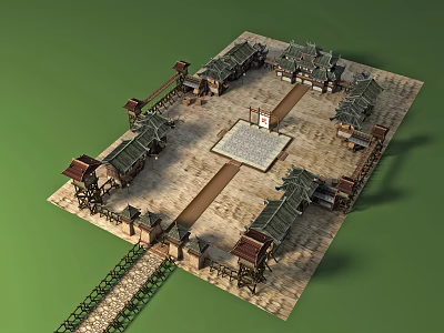 Traditional Chinese Garden Layout With Central Square And Surrounding Pavilions 3d model
