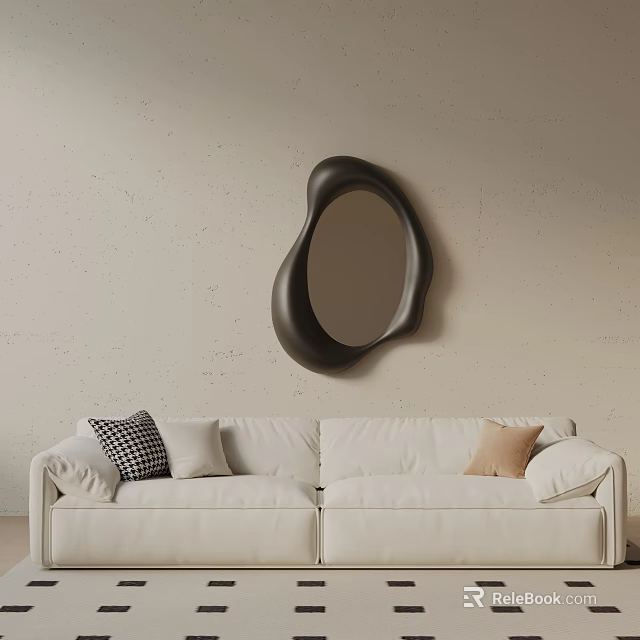 White Three Seater Sofa With Checkered Beige Pillows Under Black Abstract Mirror On Beige Wall 3d model 