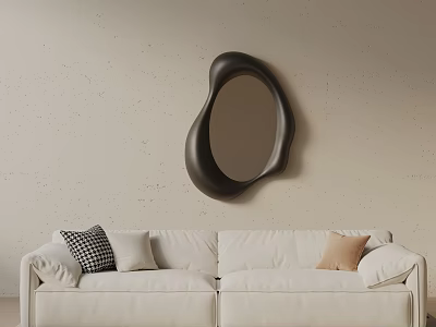 White Three Seater Sofa With Checkered Beige Pillows Under Black Abstract Mirror On Beige Wall 3d model