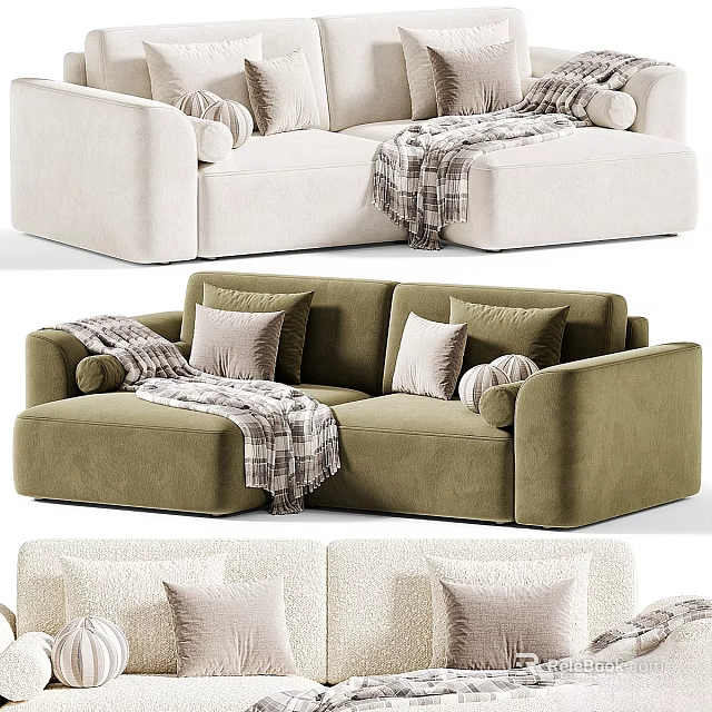 Modern Beige And Green Sofa Combination With Soft Pillows And Knitted Blanket 3d model 