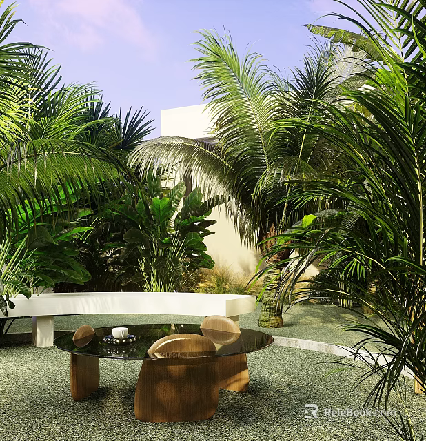 Villa Balcony With Lush Plants White Bench Glass Table And Brown Chairs 3d model 