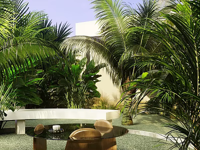 Villa Balcony With Lush Plants White Bench Glass Table And Brown Chairs 3d model