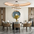 Private Dining Box Modern Interior Featuring Circular Chandelier Blue Decorative Plate And Dining Table 3d model