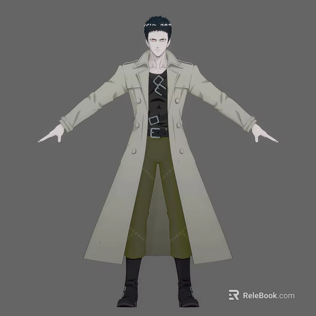 Man in Long Beige Coat with Black Inner Shirt Green Pants and Arms Outstretched Illustration 3d model 