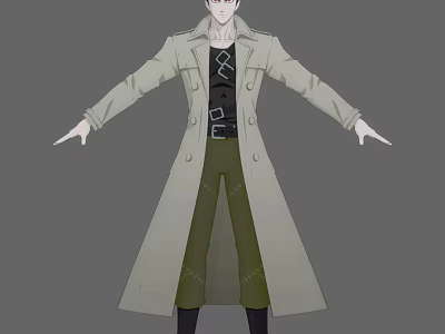 Man in Long Beige Coat with Black Inner Shirt Green Pants and Arms Outstretched Illustration 3d model