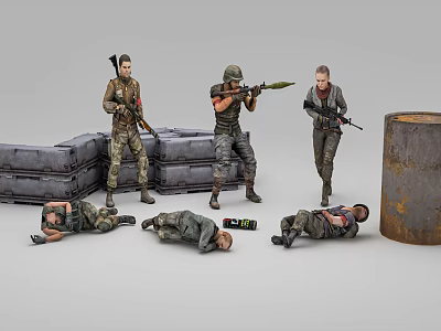 Soldiers and Combat Creatures in Battle Scene with Rifles Crates and Barrels 3d model