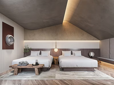Cozy Hotel Guest Room Interior With Two Beds Wooden Flooring Sloped Ceiling And Soft Lighting 3d model