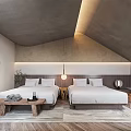Cozy Hotel Guest Room Interior With Two Beds Wooden Flooring Sloped Ceiling And Soft Lighting