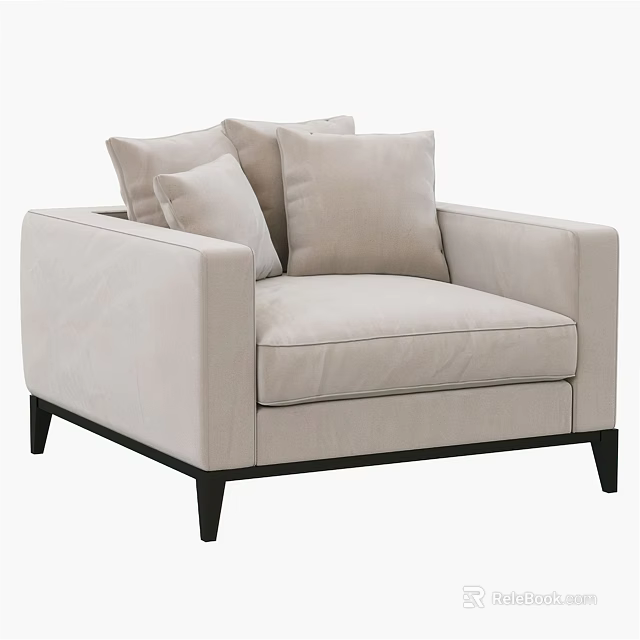 Modern Beige Single Sofa With Plush Cushions Square Armrests And Black Legs 3d model