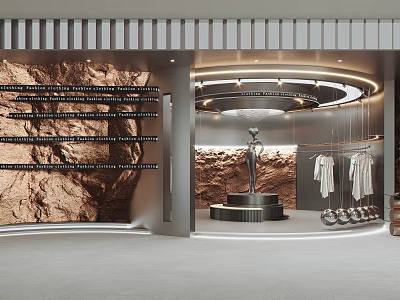 Modern Fashion Clothing Store Interior With Rock Texture Walls Circular Display And Hanging Apparel 3d model