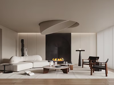 Elegant Modern Living Room Interior Design With White Sofa Fireplace Spiral Lighting And Wooden Floor 3d model