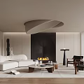 Elegant Modern Living Room Interior Design With White Sofa Fireplace Spiral Lighting And Wooden Floor