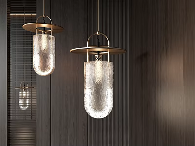Modern Brass Pendant Lights With Textured Glass Shades Hanging On Dark Wooden Wall 3d model