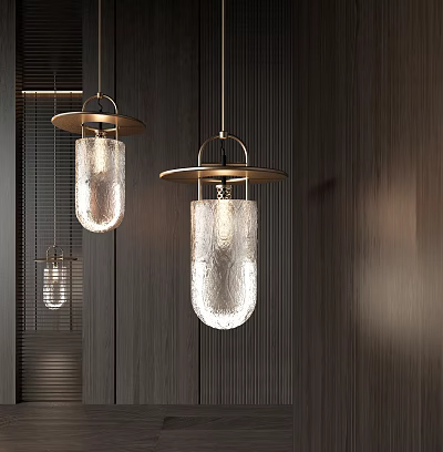 Modern Brass Pendant Lights With Textured Glass Shades Hanging On Dark Wooden Wall 3d model
