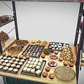 Food For The Hungry Food Stall With Variety Of Pastries Bread Snacks On Display Shelves