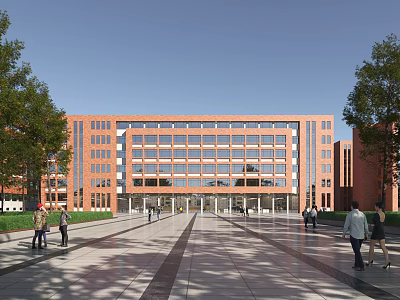Red Brick Office Building With Glass Windows Spacious Plaza People Walking Trees And Blue Sky 3d model