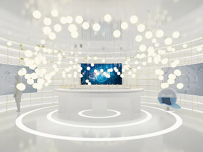 Modern Showroom Featuring White Circular Platform Hanging Spherical Lights Blue Screen And Golden Frames 3d model