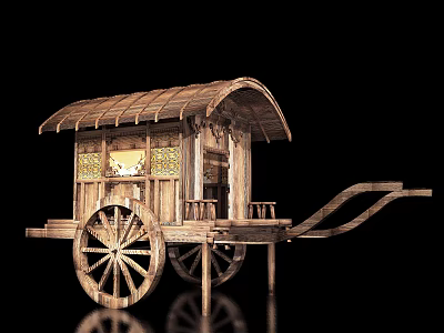 Ancient Wooden Carriage With Arched Roof Decorative Windows And Large Wheels 3d model