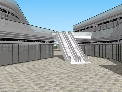 Modern Commercial Street With Glass Facades Escalator Storefronts And Open Plaza 3d model