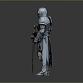 Man in Shiny Silver Knight Armor Standing with Long Sword on Gray Background